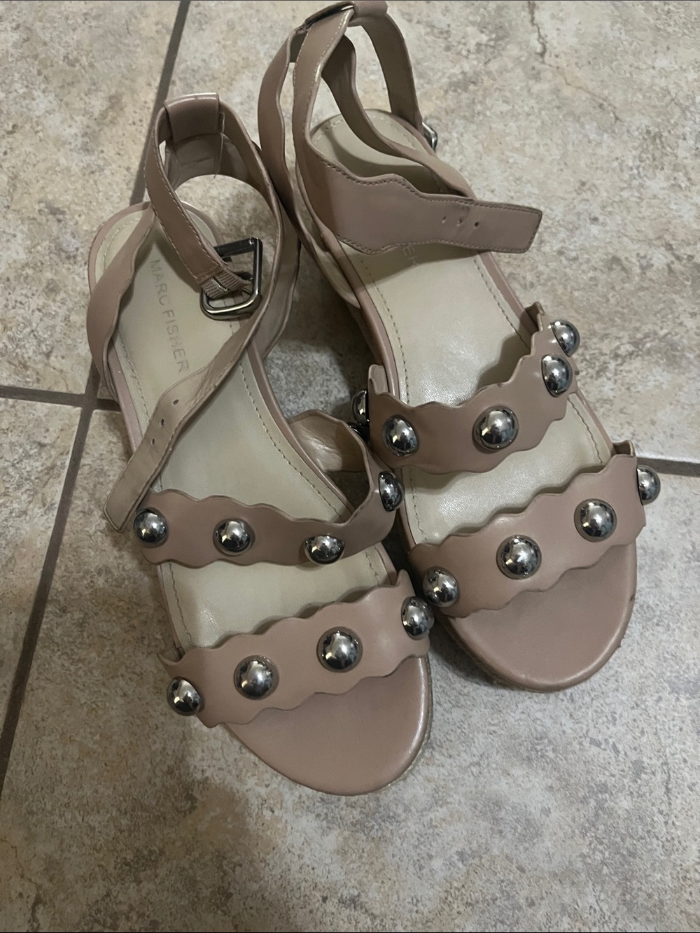 Marc Fisher Blush Scalloped Strap Sandals with Silver Studs